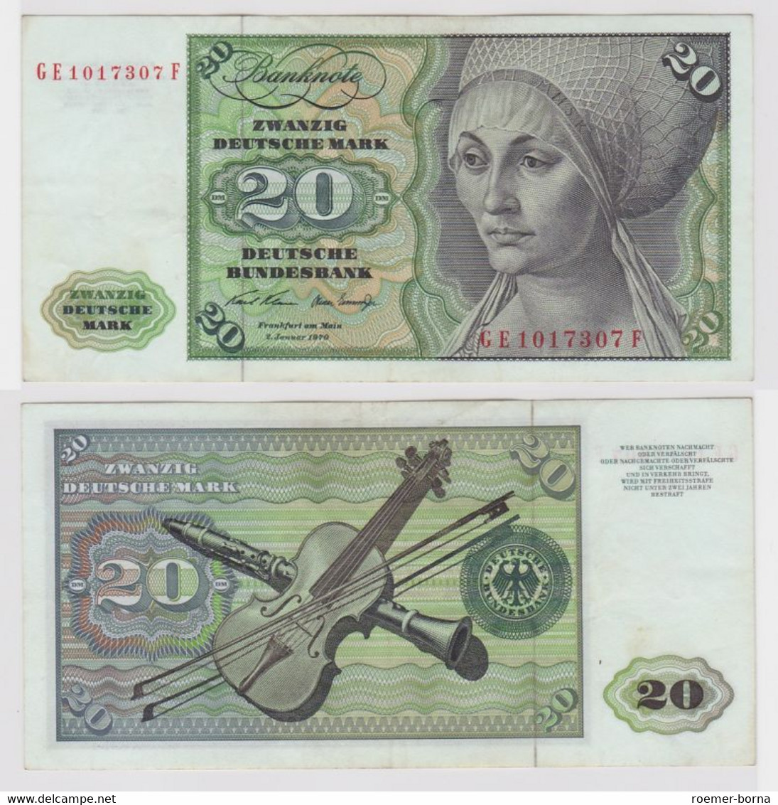 T148161 Banknote 20 DM Deutsche Mark Ro. 271b Schein 2.Jan. 1970 KN GE 1017307 F - 20 DM