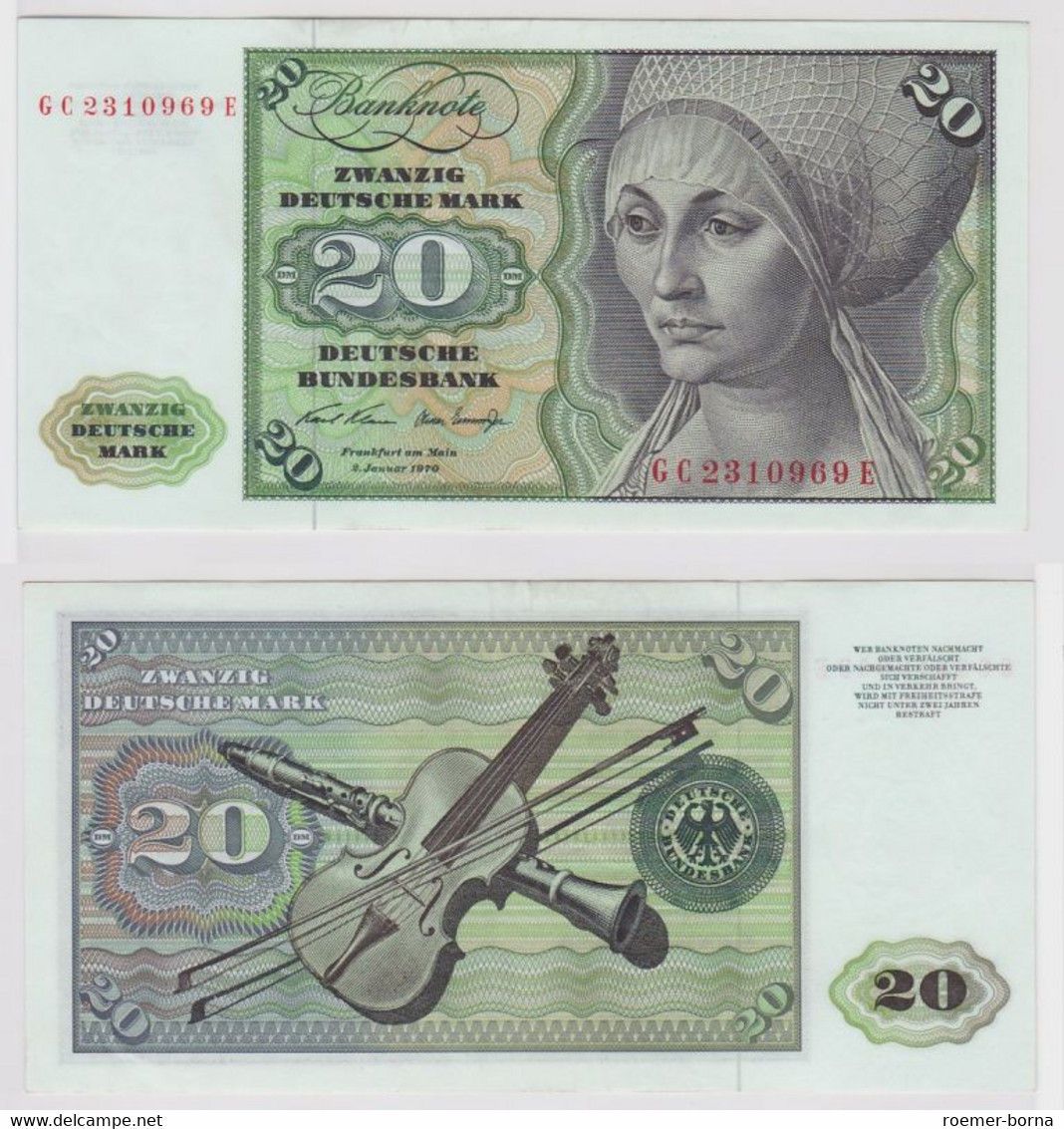 T148163 Banknote 20 DM Deutsche Mark Ro. 271a Schein 2.Jan. 1970 KN GC 2310969 E - 20 Deutsche Mark