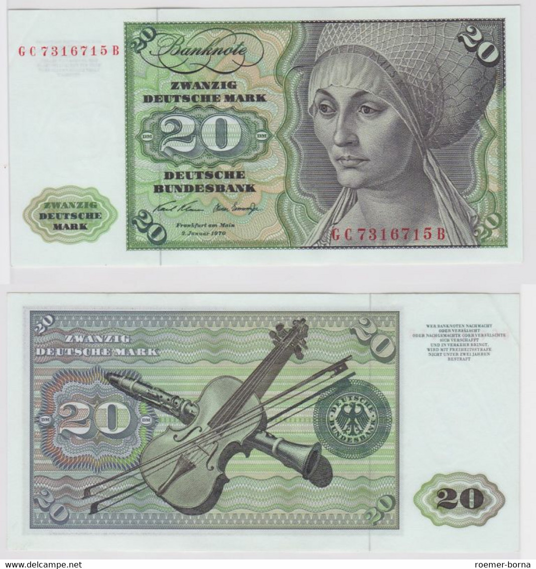 T148172 Banknote 20 DM Deutsche Mark Ro. 271a Schein 2.Jan. 1970 KN GC 7316715 B - 20 Deutsche Mark