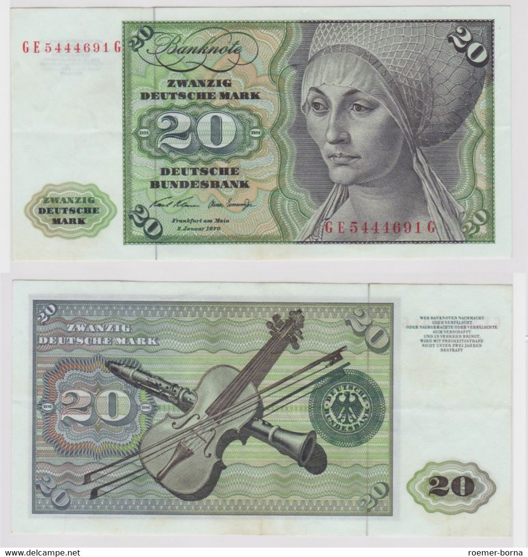 T148187 Banknote 20 DM Deutsche Mark Ro. 271b Schein 2.Jan. 1970 KN GE 5444691 G - 20 DM