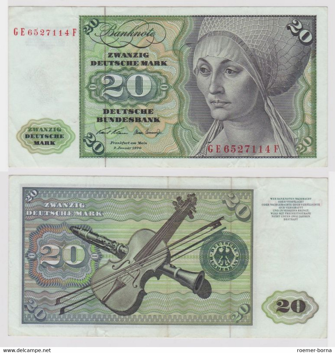 T148190 Banknote 20 DM Deutsche Mark Ro. 271b Schein 2.Jan. 1970 KN GE 6527114 F - 20 Deutsche Mark