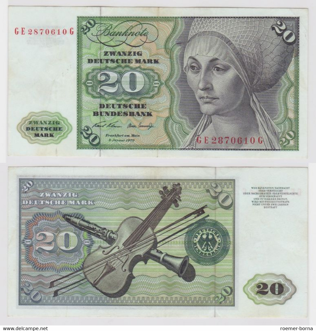 T148197 Banknote 20 DM Deutsche Mark Ro. 271b Schein 2.Jan. 1970 KN GE 2870610 G - 20 Deutsche Mark