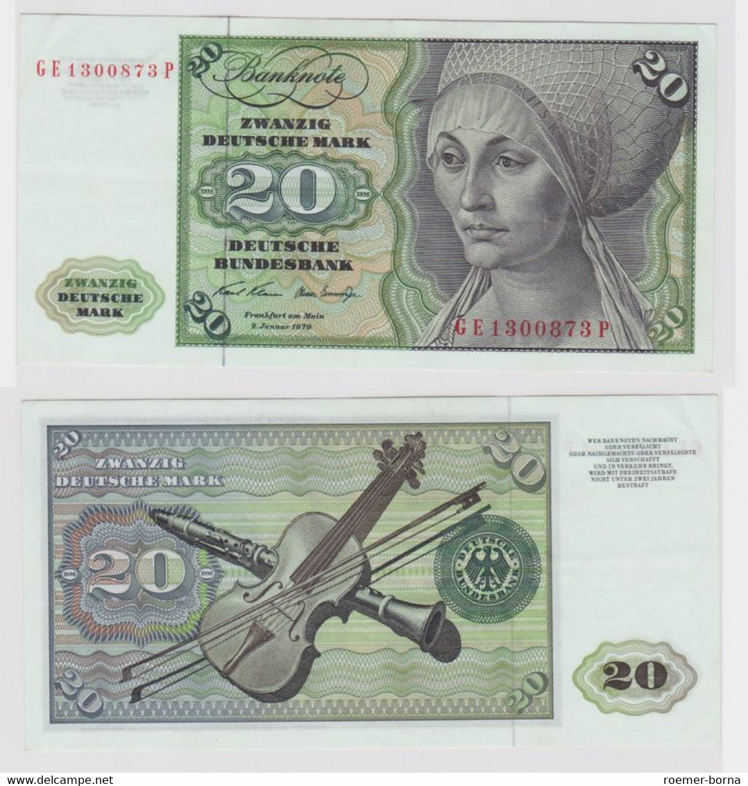 T148244 Banknote 20 DM Deutsche Mark Ro. 271b Schein 2.Jan. 1970 KN GE 1300873 P - 20 DM