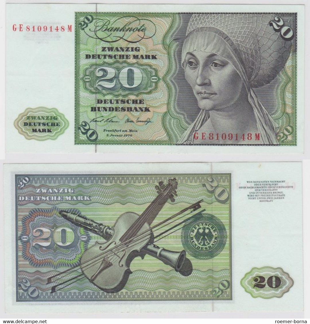 T148246 Banknote 20 DM Deutsche Mark Ro. 271b Schein 2.Jan. 1970 KN GE 8109148 M - 20 Deutsche Mark