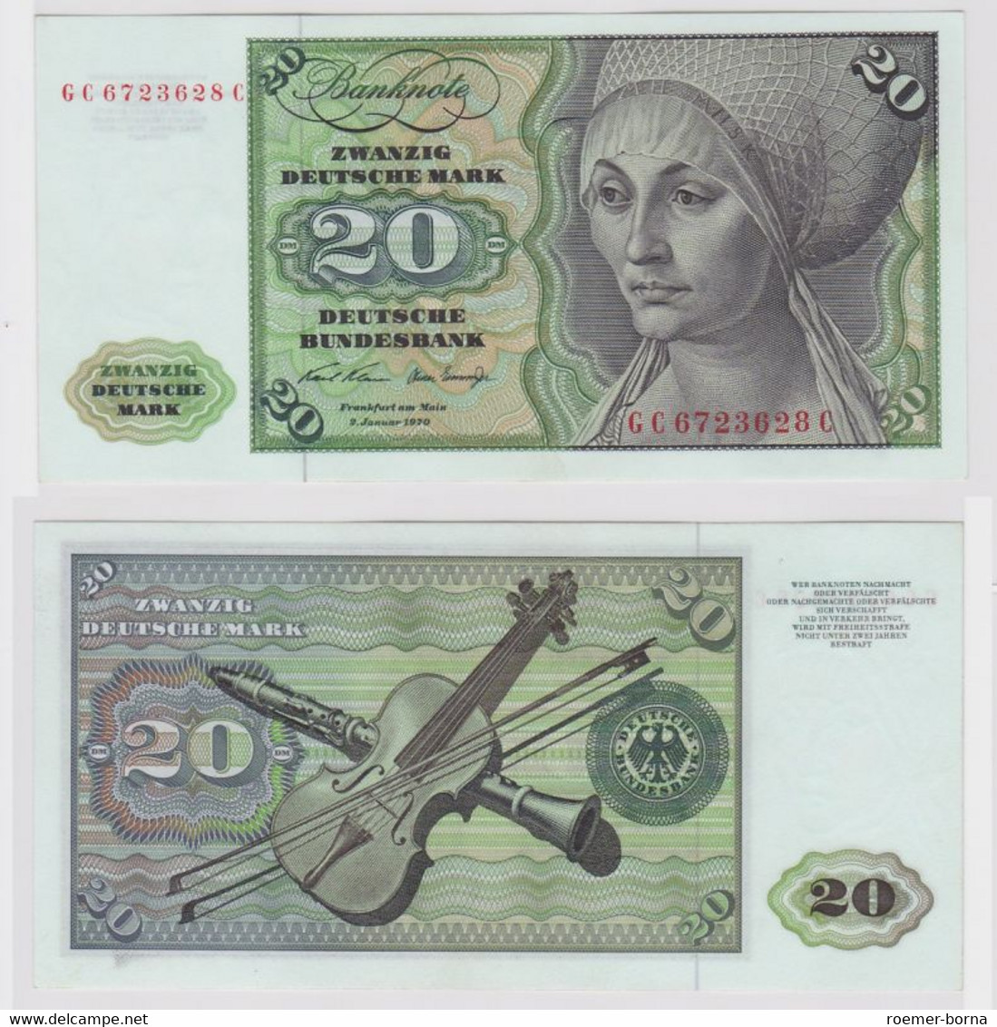 T148250 Banknote 20 DM Deutsche Mark Ro. 271a Schein 2.Jan. 1970 KN GC 6723628 C - 20 Deutsche Mark