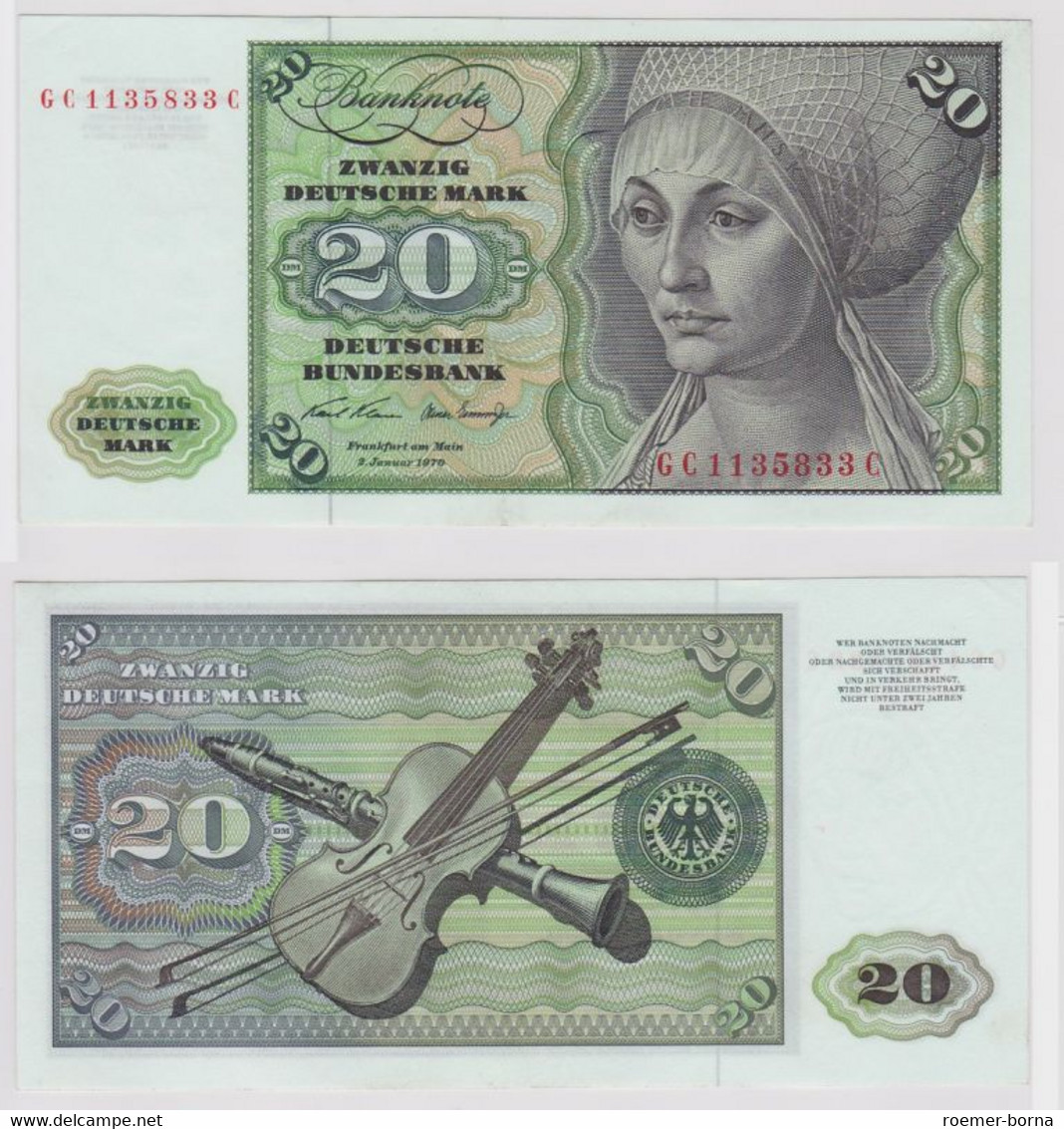 T148255 Banknote 20 DM Deutsche Mark Ro. 271a Schein 2.Jan. 1970 KN GC 1135833 C - 20 Deutsche Mark