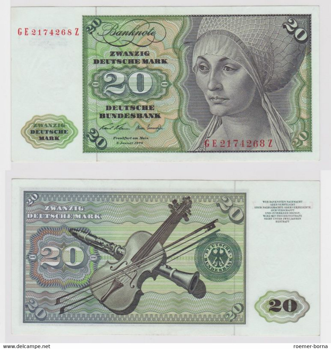 T148267 Banknote 20 DM Deutsche Mark Ro. 271b Schein 2.Jan. 1970 KN GE 2174268 Z - 20 DM