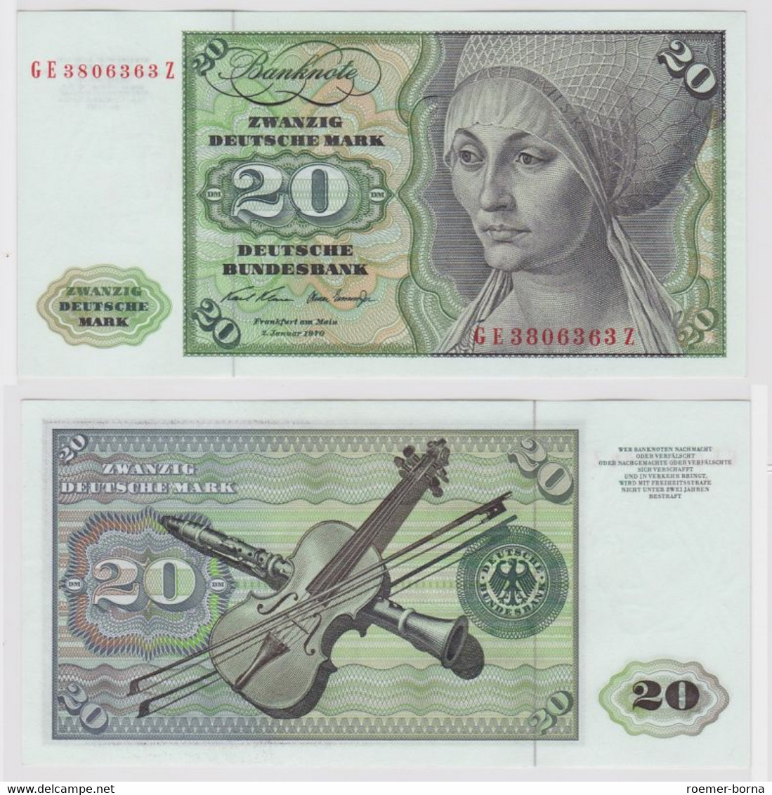 T148272 Banknote 20 DM Deutsche Mark Ro. 271b Schein 2.Jan. 1970 KN GE 3806363 Z - 20 Deutsche Mark