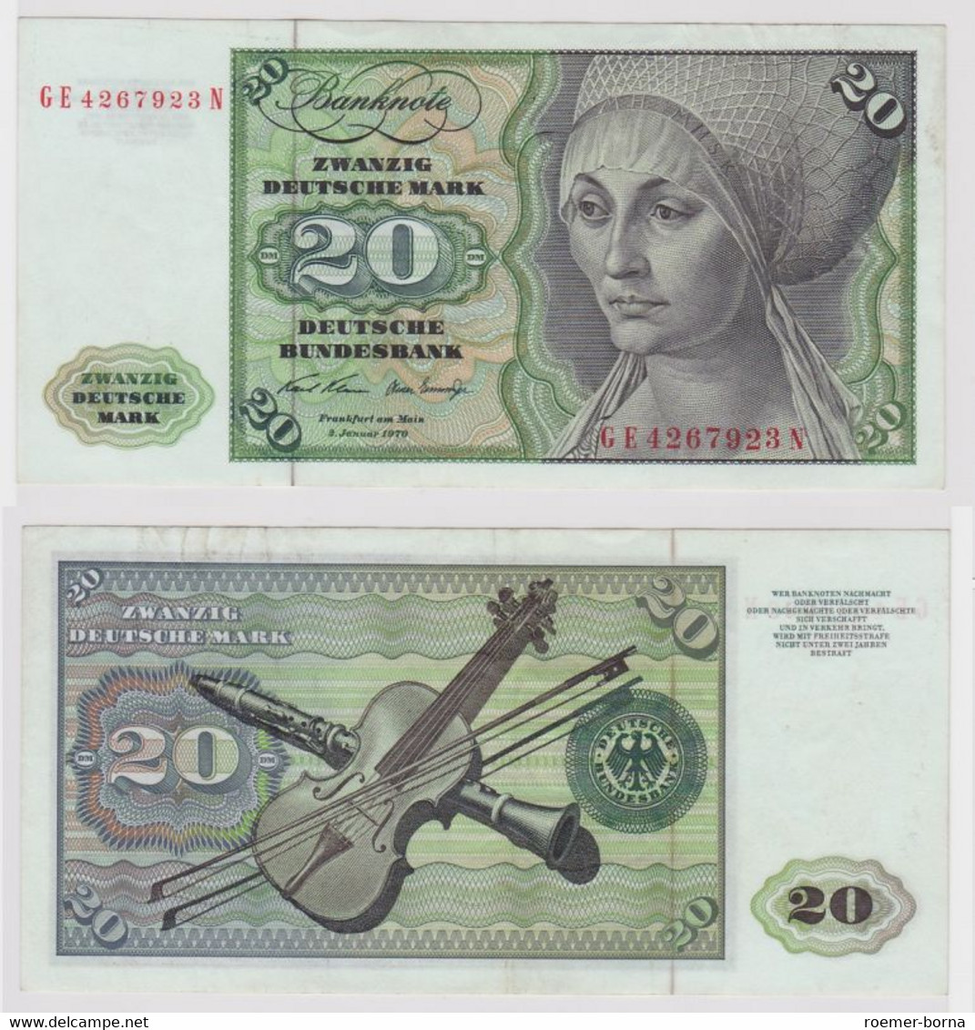 T148278 Banknote 20 DM Deutsche Mark Ro. 271b Schein 2.Jan. 1970 KN GE 4267923 N - 20 DM