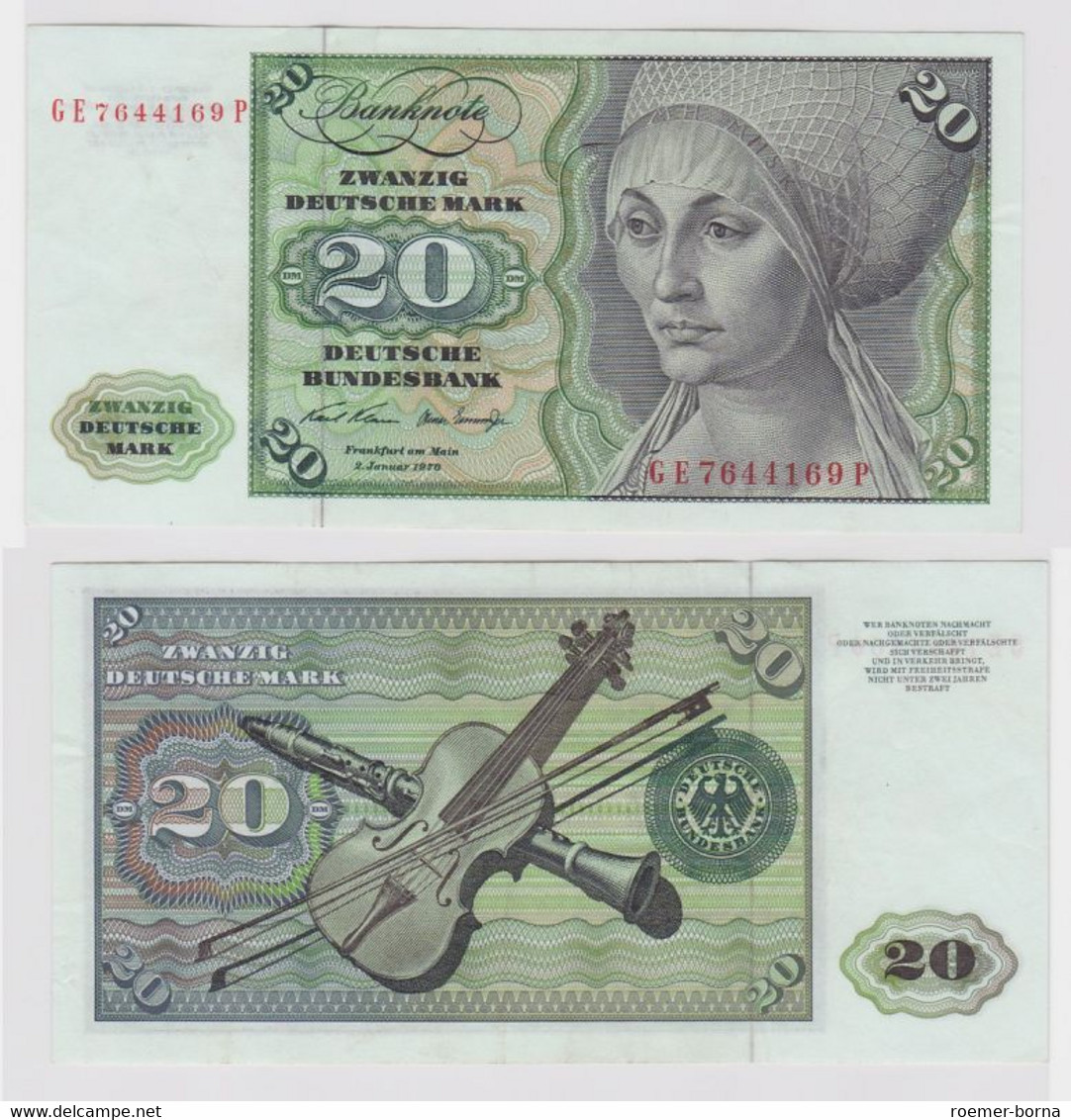 T148284 Banknote 20 DM Deutsche Mark Ro. 271b Schein 2.Jan. 1970 KN GE 7644169 P - 20 Deutsche Mark