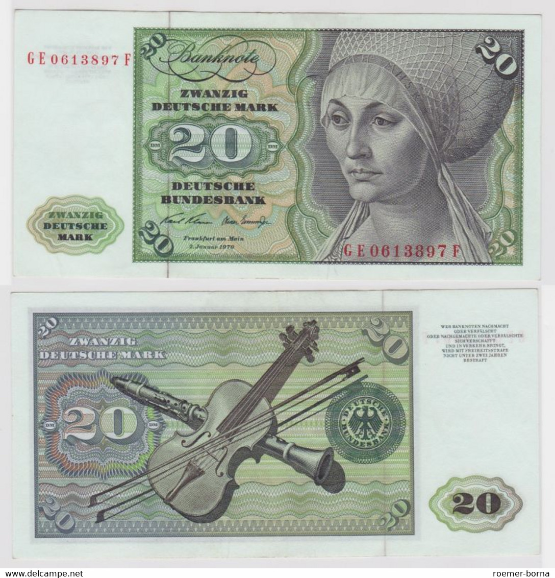 T148286 Banknote 20 DM Deutsche Mark Ro. 271b Schein 2.Jan. 1970 KN GE 0613897 F - 20 Deutsche Mark