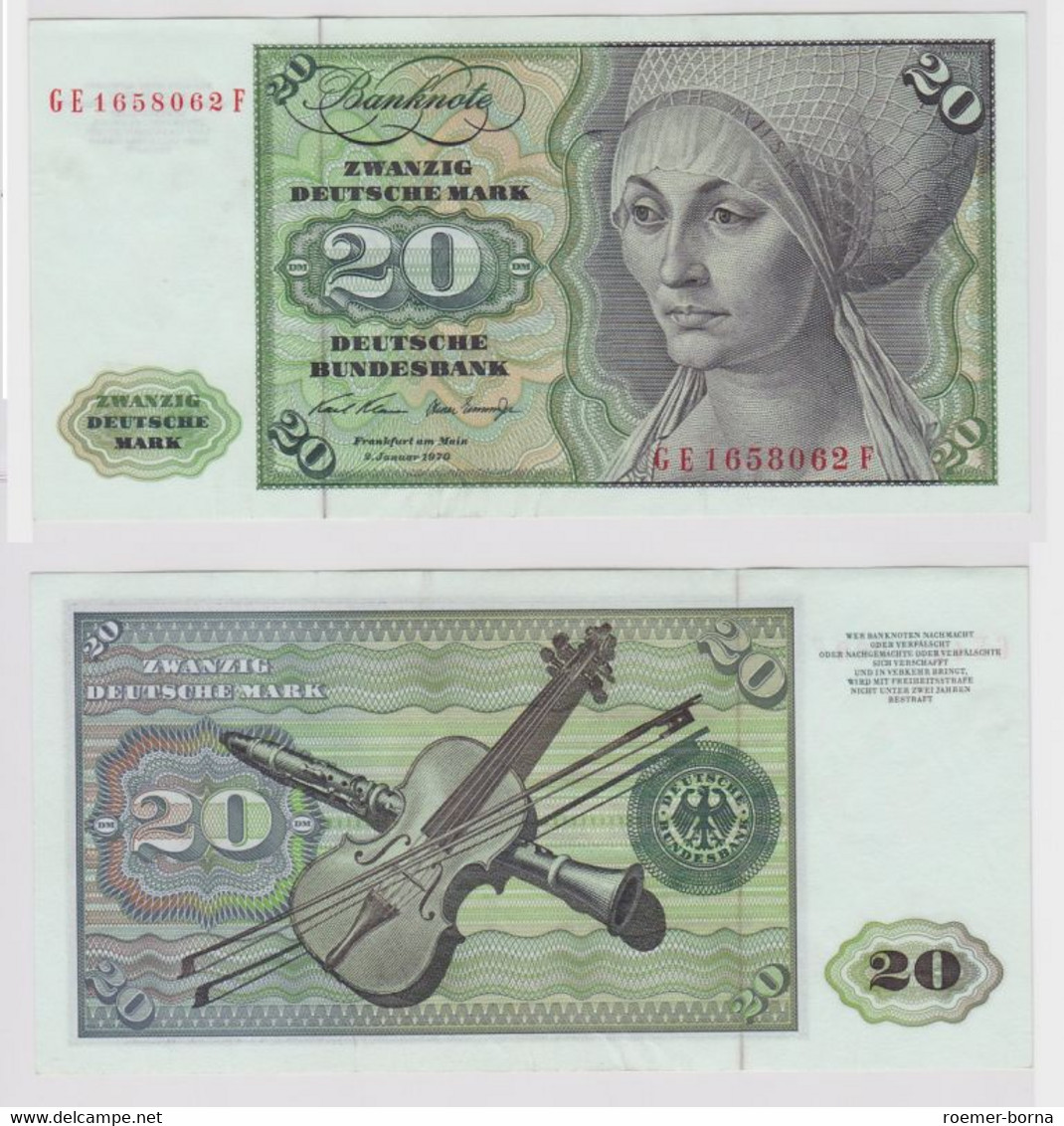 T148295 Banknote 20 DM Deutsche Mark Ro. 271b Schein 2.Jan. 1970 KN GE 1658062 F - 20 Deutsche Mark