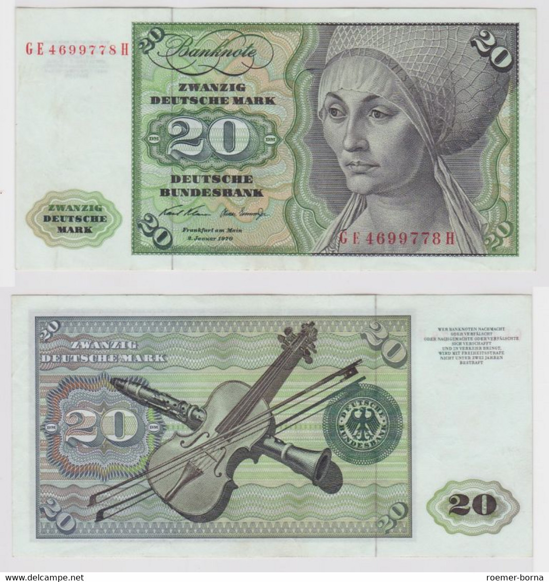 T148302 Banknote 20 DM Deutsche Mark Ro. 271b Schein 2.Jan. 1970 KN GE 4699778 H - 20 DM