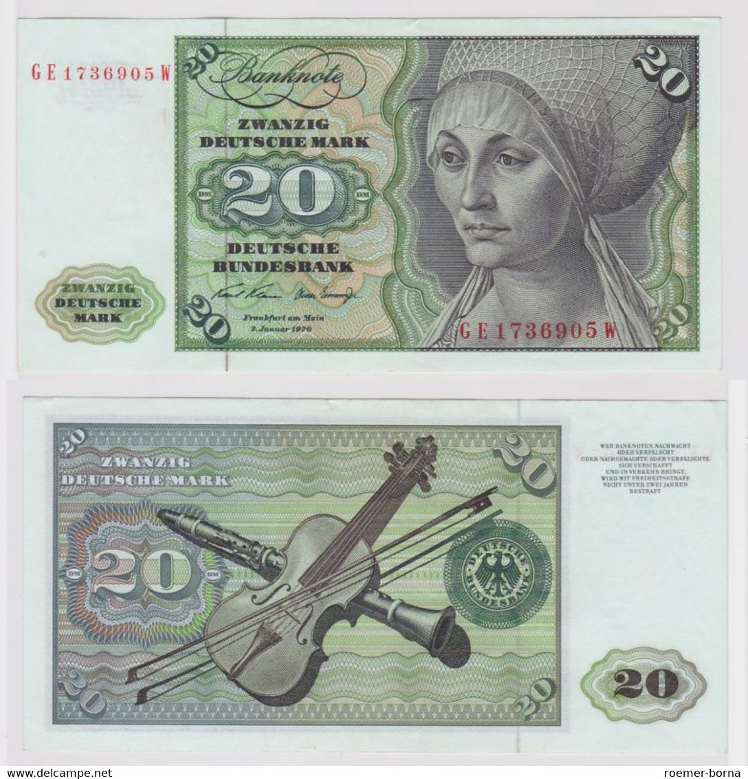 T148312 Banknote 20 DM Deutsche Mark Ro. 271b Schein 2.Jan. 1970 KN GE 1736905 W - 20 Deutsche Mark