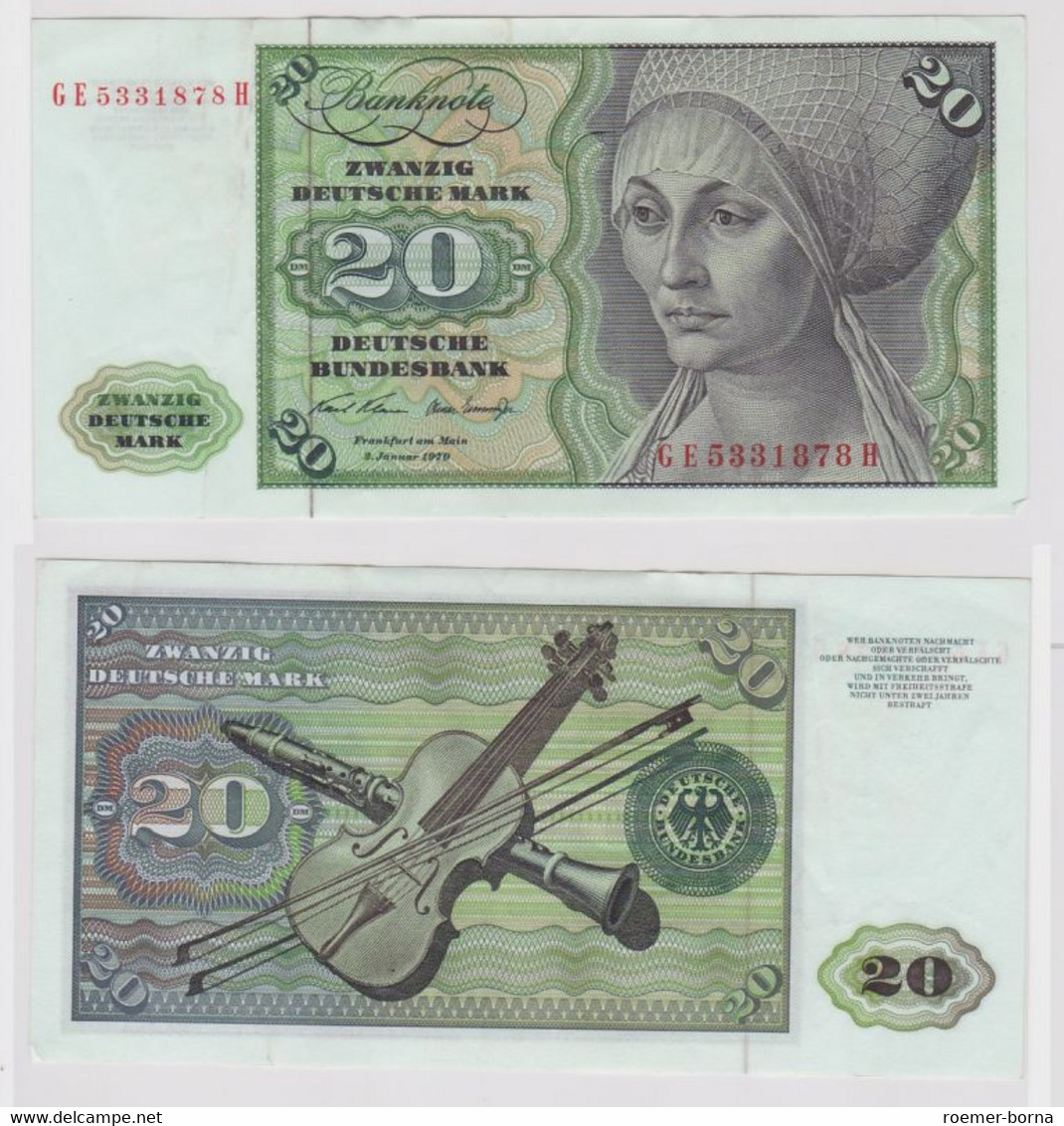 T148318 Banknote 20 DM Deutsche Mark Ro. 271b Schein 2.Jan. 1970 KN GE 5331878 H - 20 DM