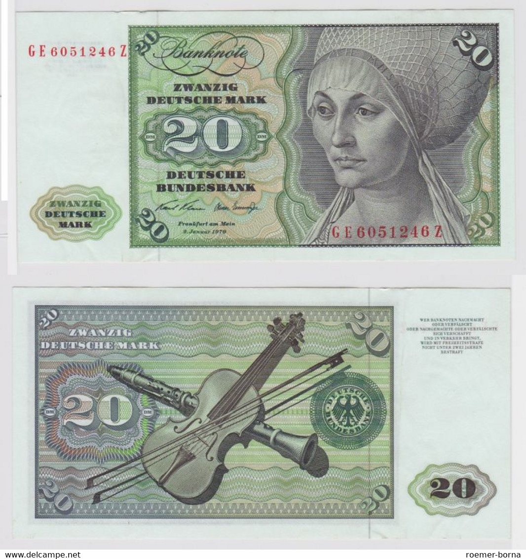 T148340 Banknote 20 DM Deutsche Mark Ro. 271b Schein 2.Jan. 1970 KN GE 6051246 Z - 20 Deutsche Mark