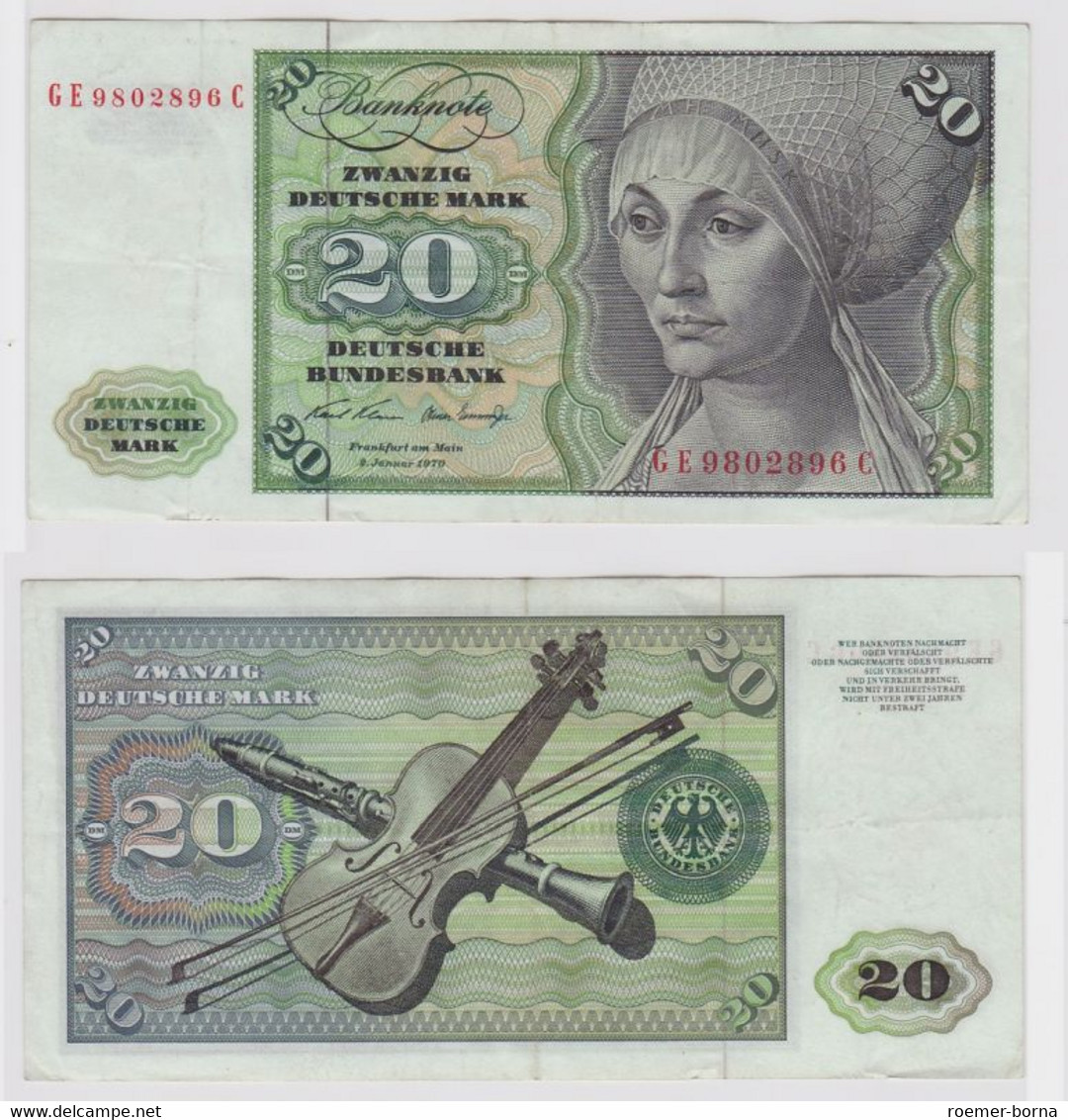 T148342 Banknote 20 DM Deutsche Mark Ro. 271b Schein 2.Jan. 1970 KN GE 9802896 C - 20 Deutsche Mark