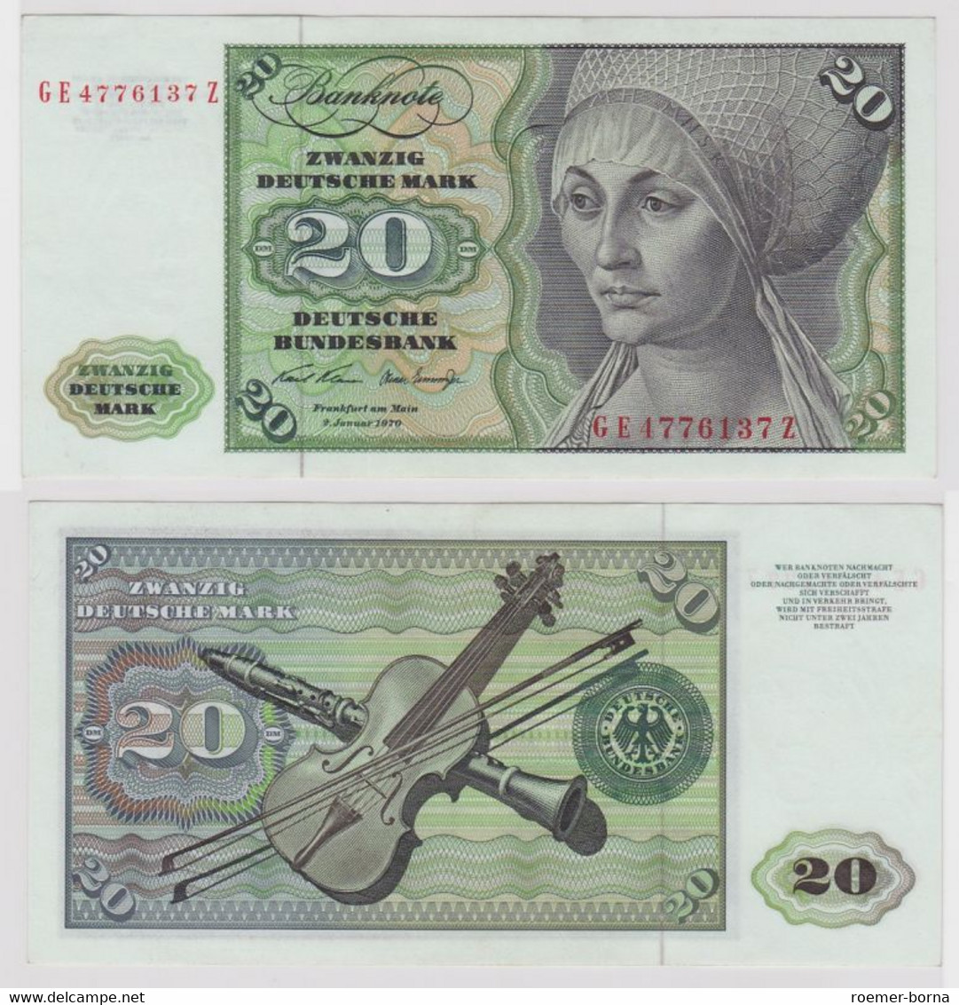 T148403 Banknote 20 DM Deutsche Mark Ro. 271b Schein 2.Jan. 1970 KN GE 4776137 Z - 20 DM