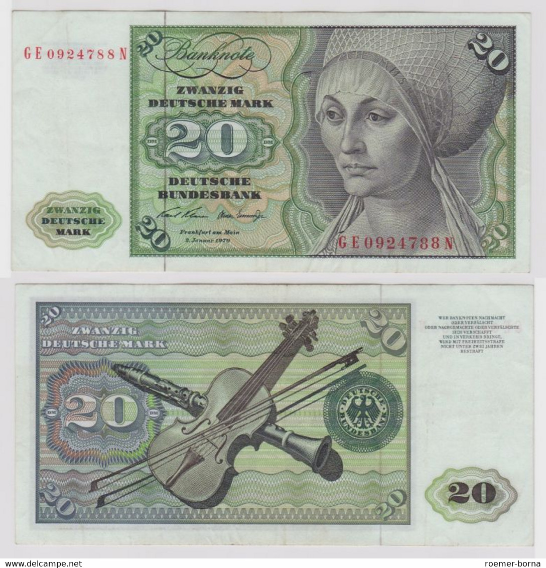 T148405 Banknote 20 DM Deutsche Mark Ro. 271b Schein 2.Jan. 1970 KN GE 0924788 N - 20 Deutsche Mark