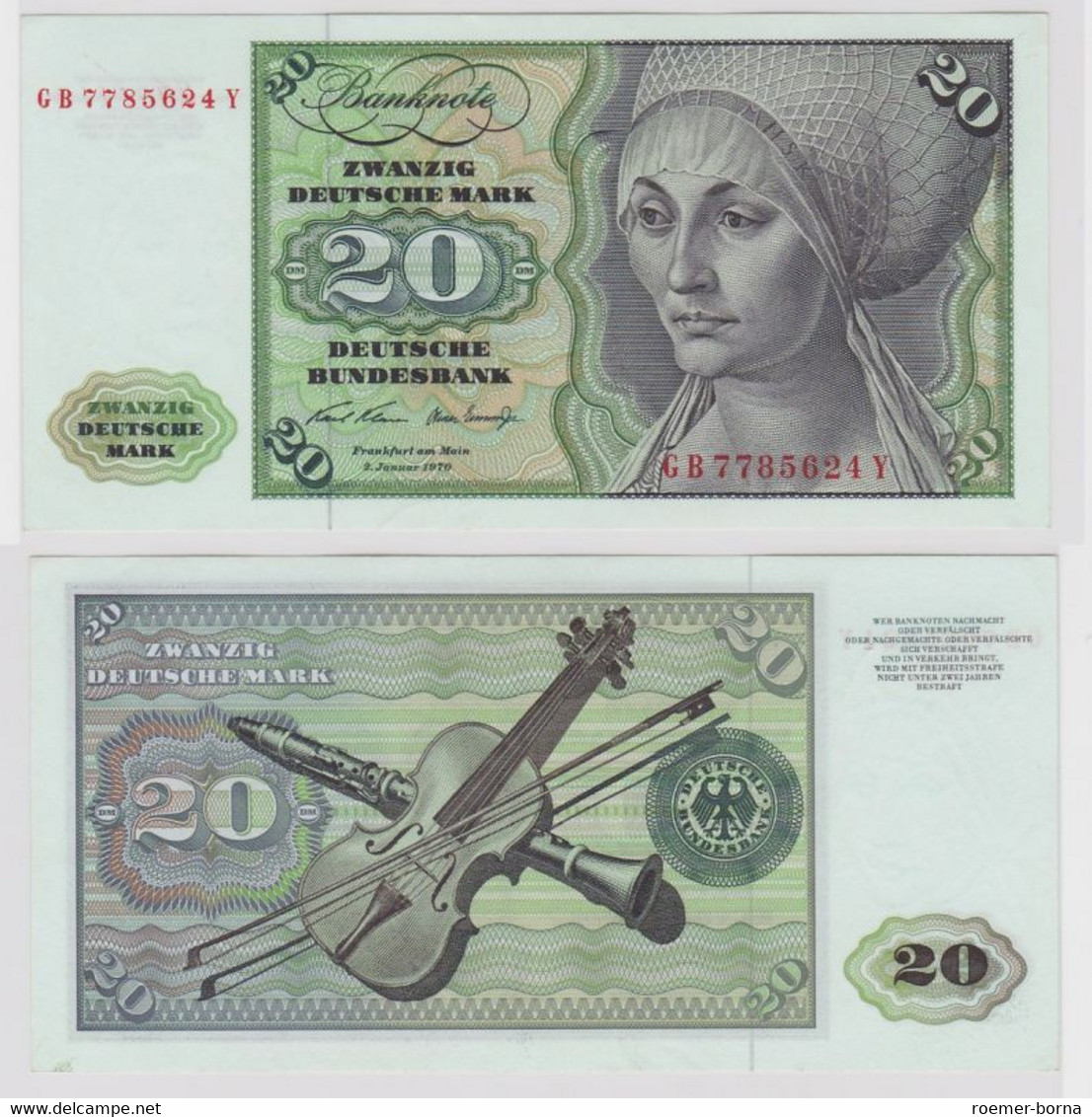 T148418 Banknote 20 DM Deutsche Mark Ro. 271a Schein 2.Jan. 1970 KN GB 7785624 Y - 20 Deutsche Mark