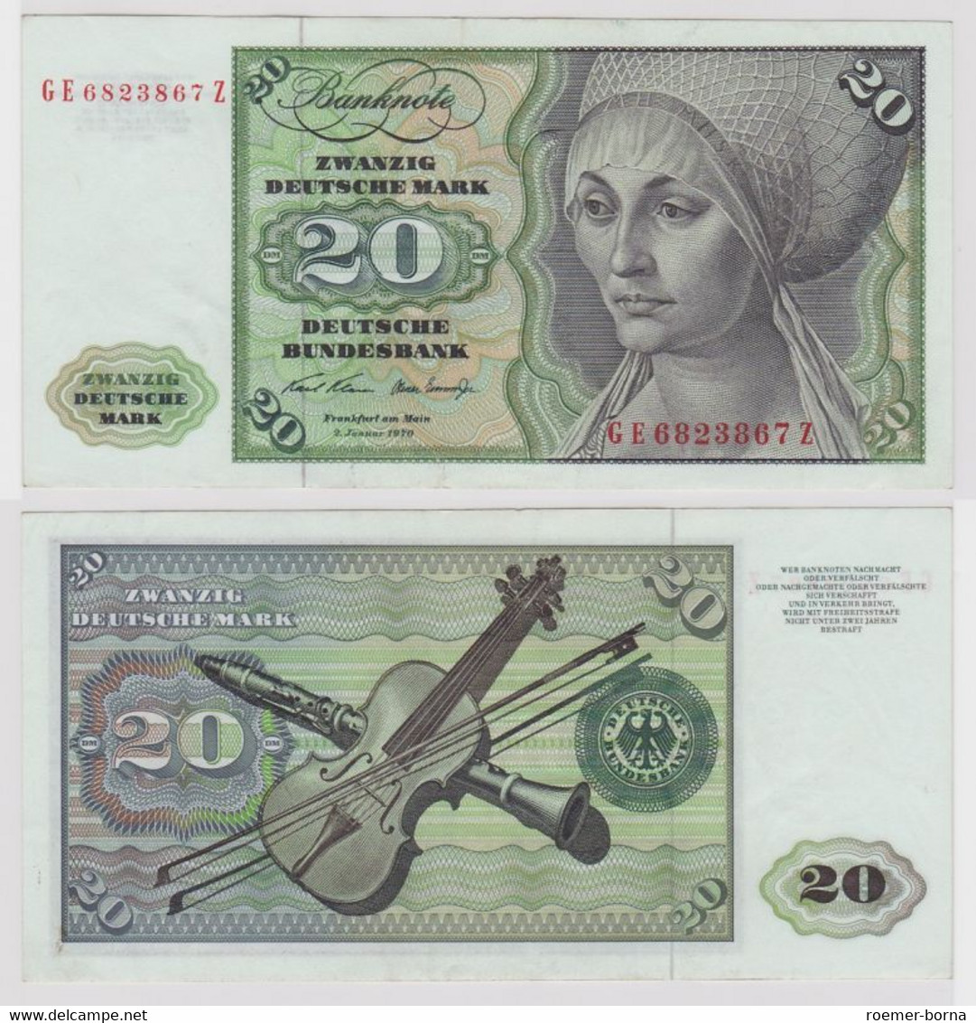 T148433 Banknote 20 DM Deutsche Mark Ro. 271b Schein 2.Jan. 1970 KN GE 6823867 Z - 20 Deutsche Mark