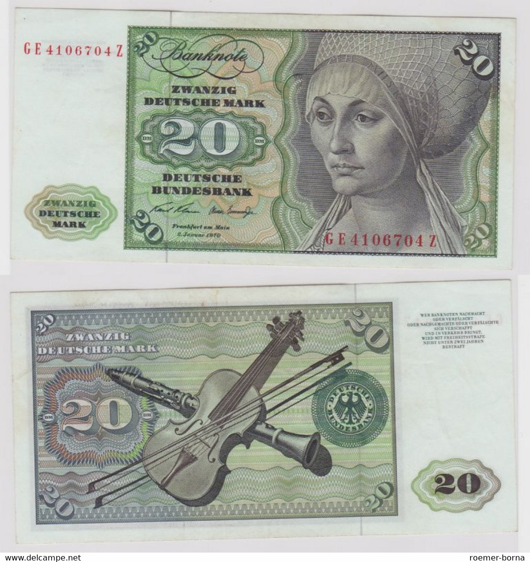 T148435 Banknote 20 DM Deutsche Mark Ro. 271b Schein 2.Jan. 1970 KN GE 4106704 Z - 20 Deutsche Mark