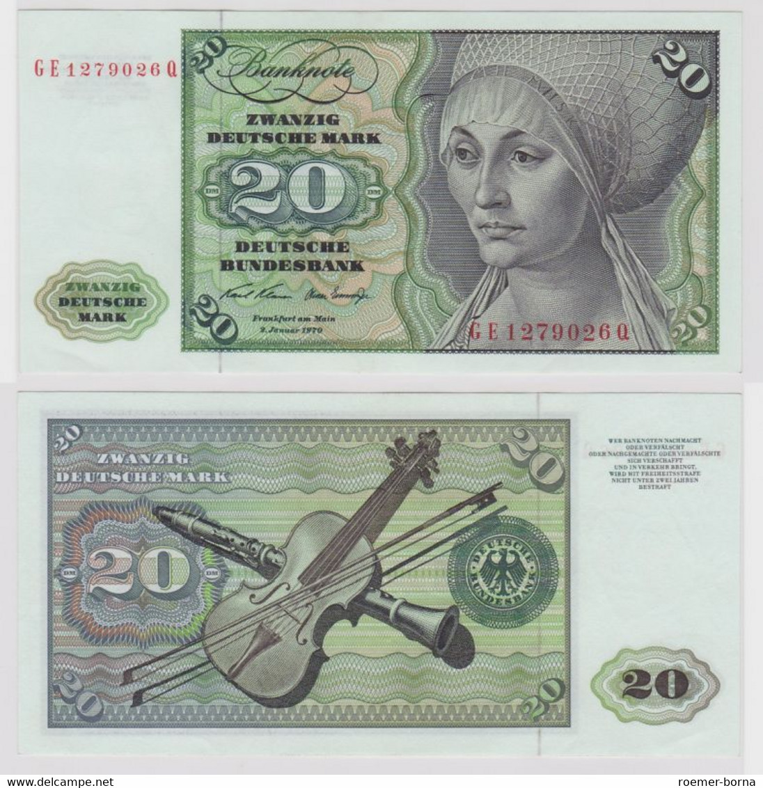 T148440 Banknote 20 DM Deutsche Mark Ro. 271b Schein 2.Jan. 1970 KN GE 1279026 Q - 20 Deutsche Mark