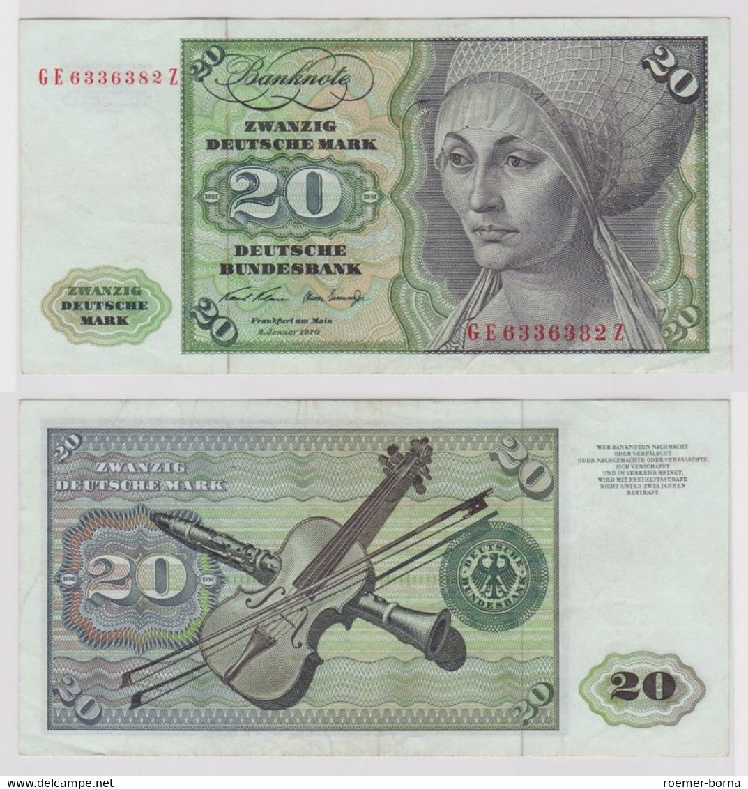 T148447 Banknote 20 DM Deutsche Mark Ro. 271b Schein 2.Jan. 1970 KN GE 6336382 Z - 20 Deutsche Mark