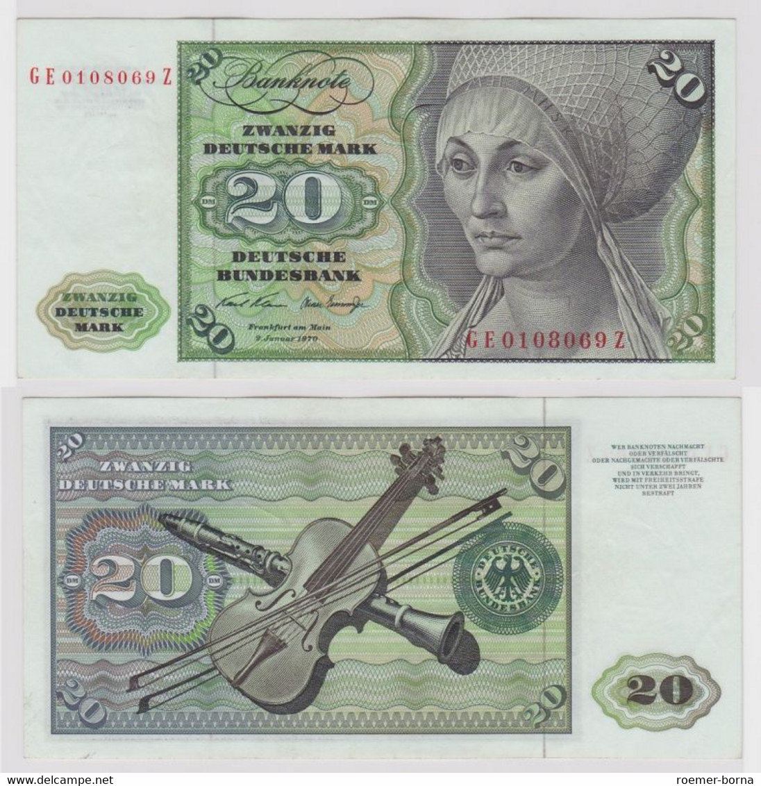T148479 Banknote 20 DM Deutsche Mark Ro. 271b Schein 2.Jan. 1970 KN GE 0108069 Z - 20 Deutsche Mark