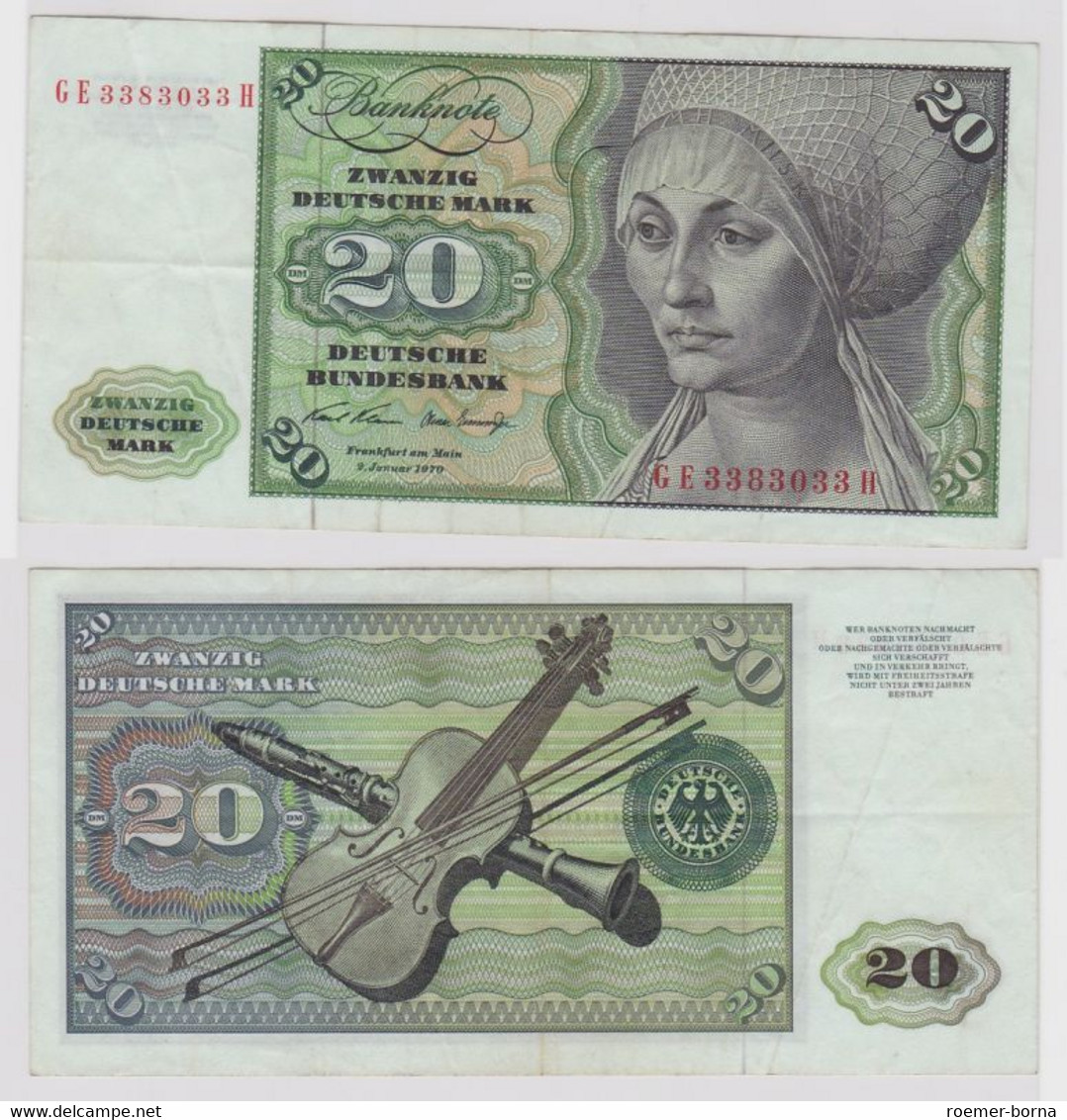 T148488 Banknote 20 DM Deutsche Mark Ro. 271b Schein 2.Jan. 1970 KN GE 3383033 H - 20 Deutsche Mark