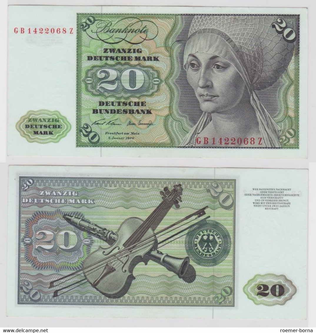 T148523 Banknote 20 DM Deutsche Mark Ro. 271a Schein 2.Jan. 1970 KN GB 1422068 Z - 20 Deutsche Mark