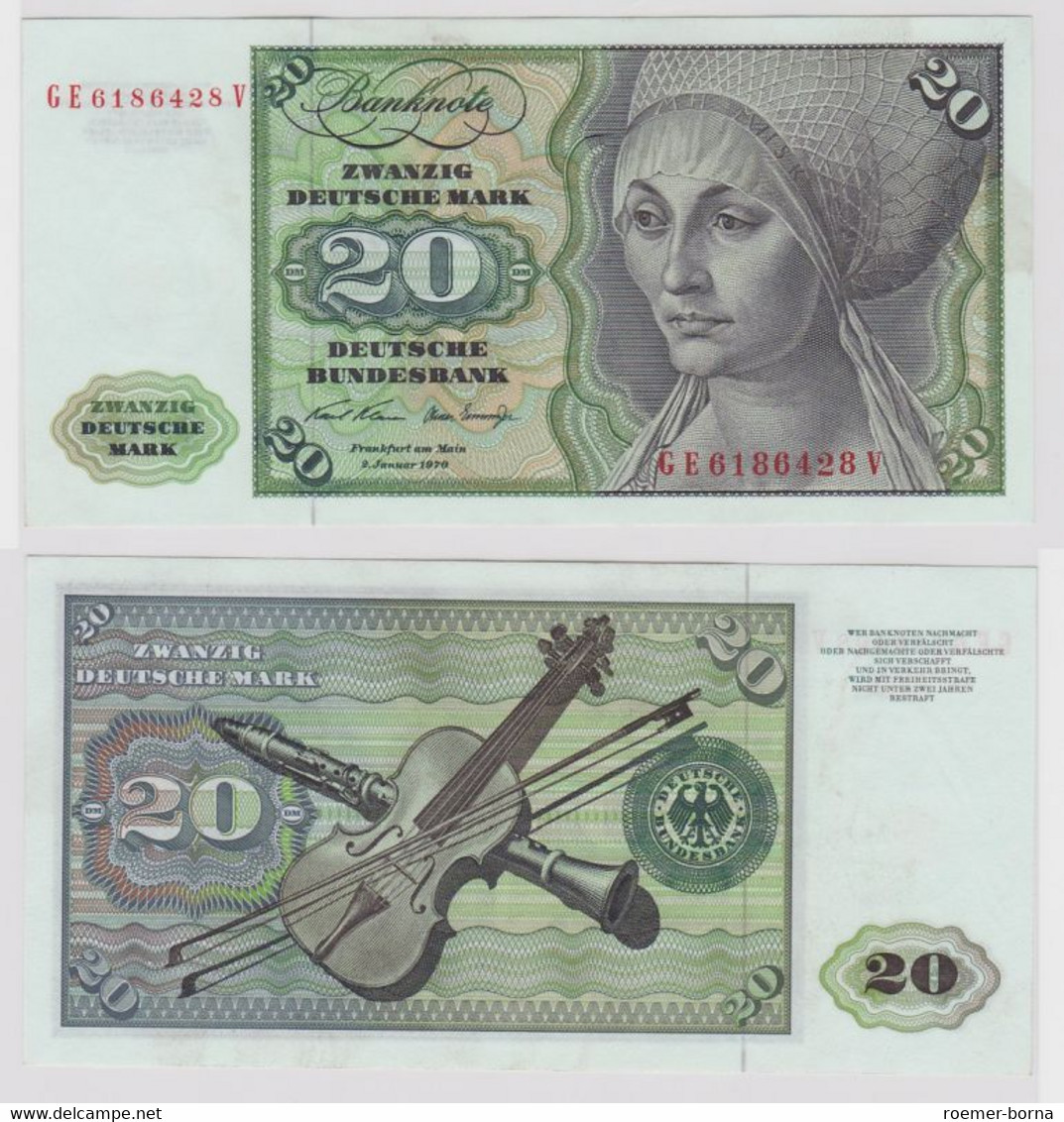 T148526 Banknote 20 DM Deutsche Mark Ro. 271b Schein 2.Jan. 1970 KN GE 6186428 V - 20 DM