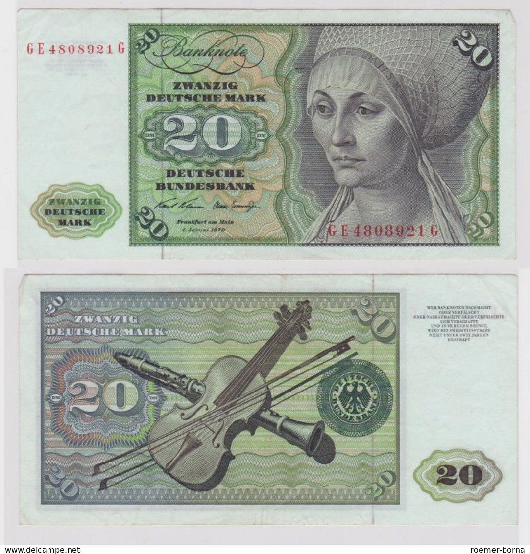T148568 Banknote 20 DM Deutsche Mark Ro. 271b Schein 2.Jan. 1970 KN GE 4808921 G - 20 DM