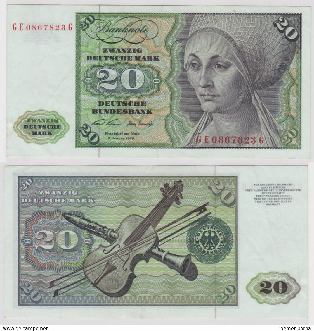 T148573 Banknote 20 DM Deutsche Mark Ro. 271b Schein 2.Jan. 1970 KN GE 0867823 G - 20 Deutsche Mark