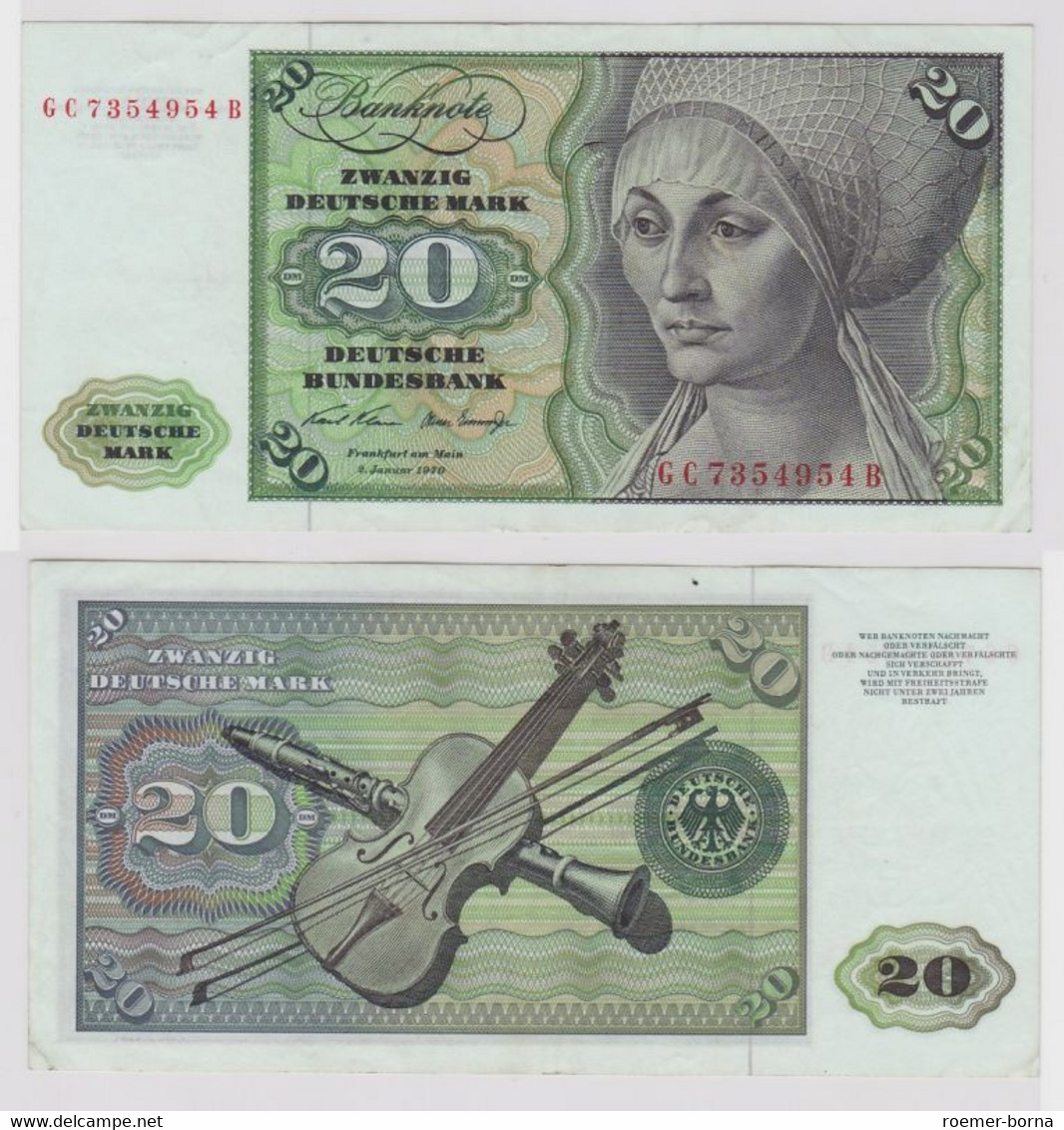 T148575 Banknote 20 DM Deutsche Mark Ro. 271a Schein 2.Jan. 1970 KN GC 7354954 B - 20 Deutsche Mark