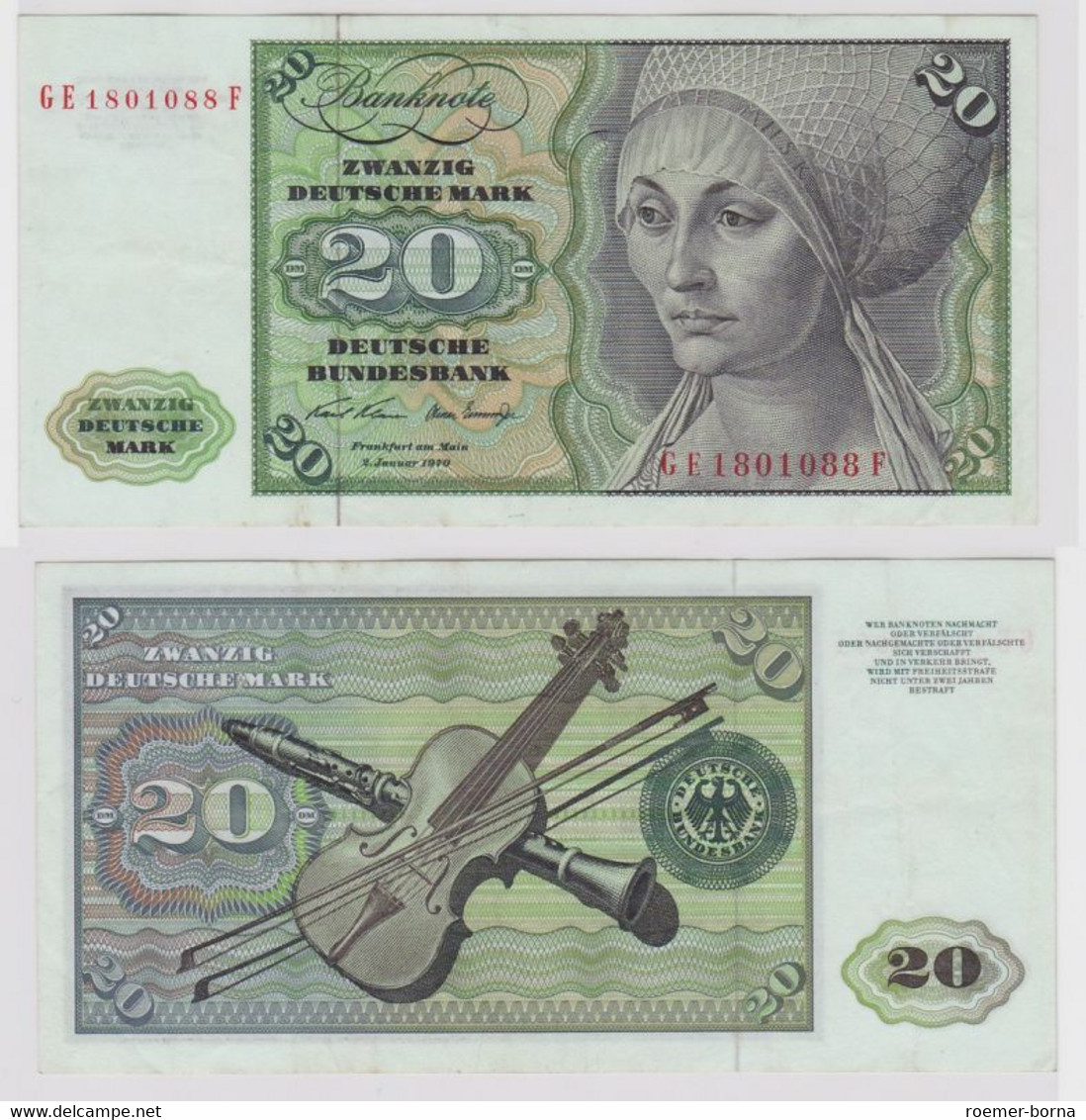 T148596 Banknote 20 DM Deutsche Mark Ro. 271b Schein 2.Jan. 1970 KN GE 1801088 F - 20 DM