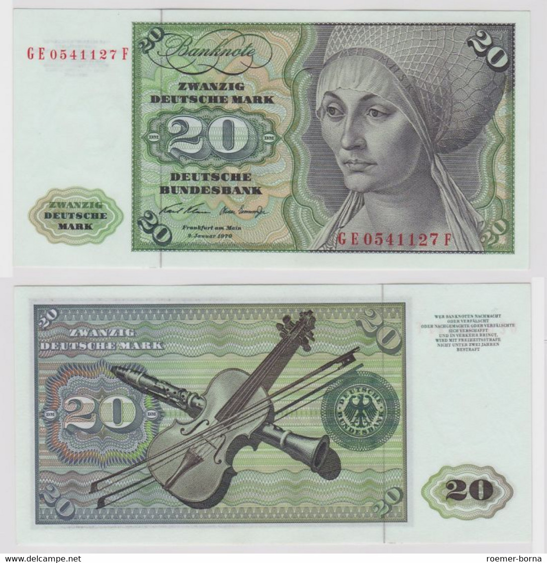 T148615 Banknote 20 DM Deutsche Mark Ro. 271b Schein 2.Jan. 1970 KN GE 0541127 F - 20 Deutsche Mark