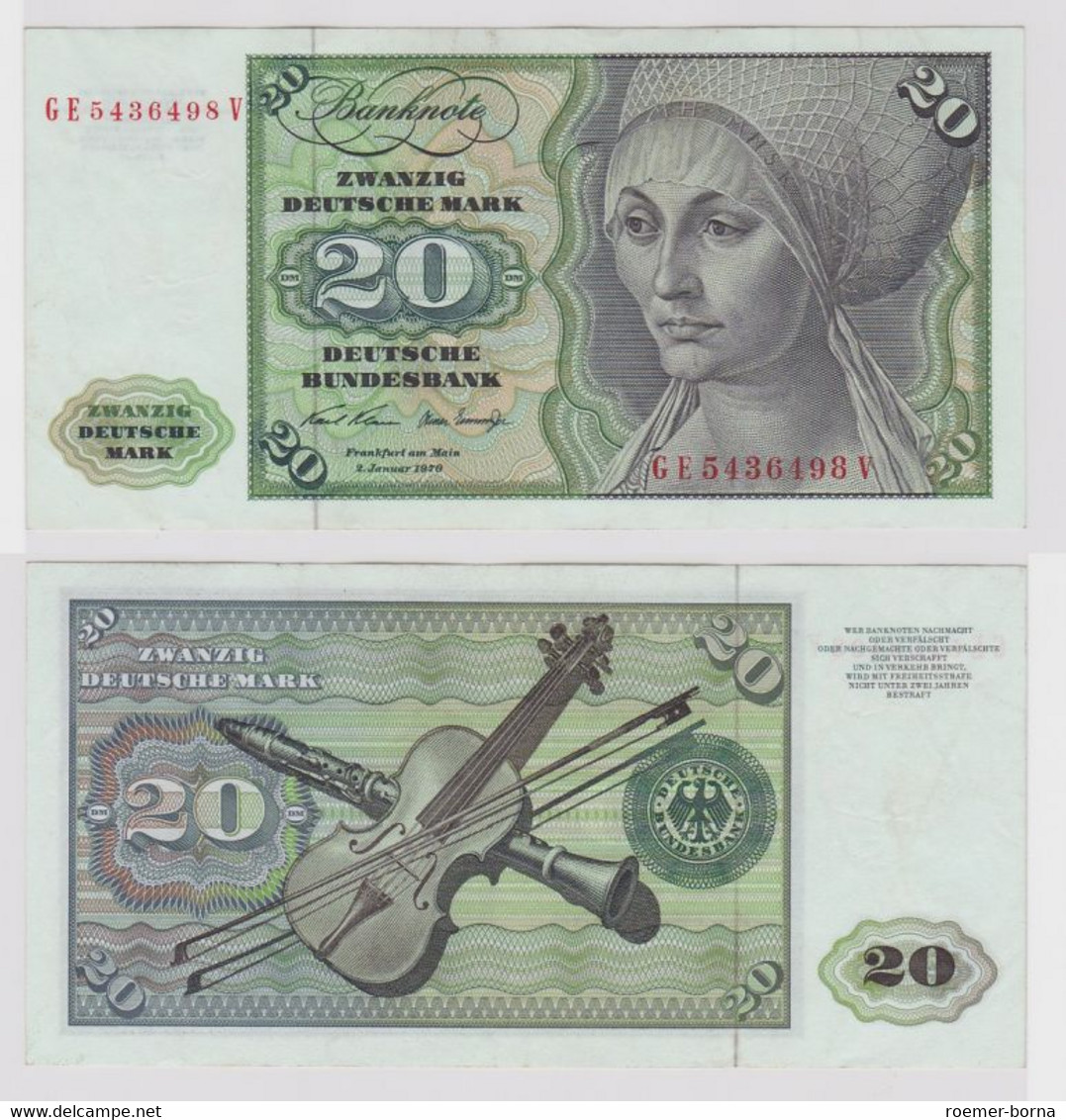 T148663 Banknote 20 DM Deutsche Mark Ro. 271b Schein 2.Jan. 1970 KN GE 5436498 V - 20 DM