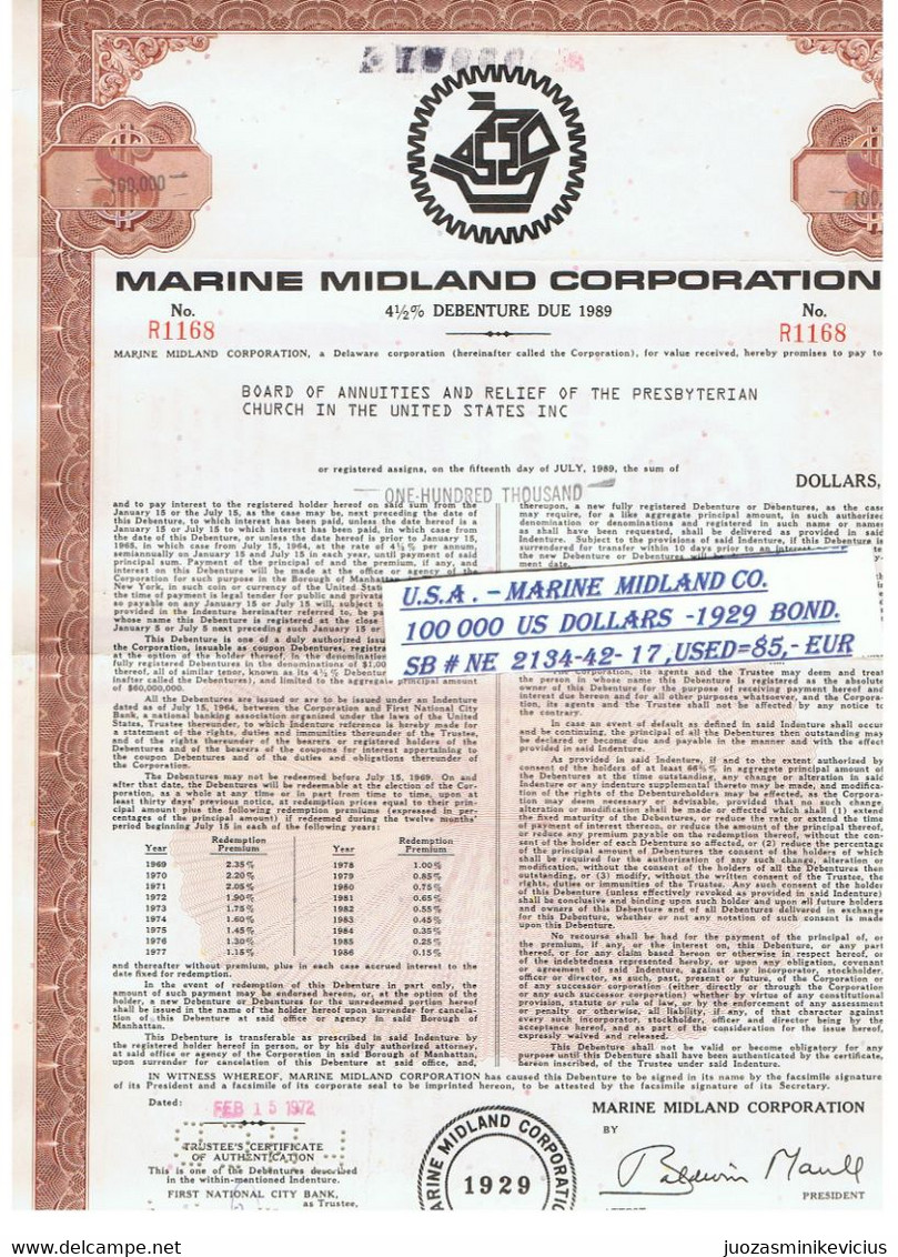 U.S.A . – MARINE  MIDLAND CO.  100 000  US  DOLLARS  -1929  BOND. SB # NE  2134-42- 17 ,USED=85,- EUR - Stati Uniti