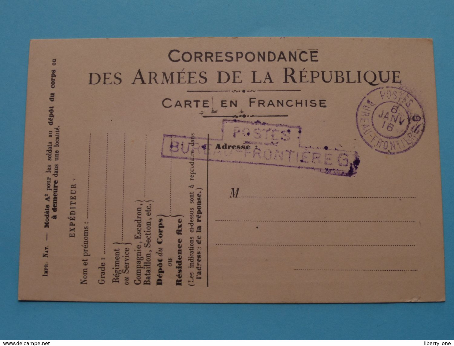 Postes Bureau - Frontière G ( Stamp 6 Janv 16 ) Correspondance Des Armées De La République ( Carte En Franchise )  ! - Documents