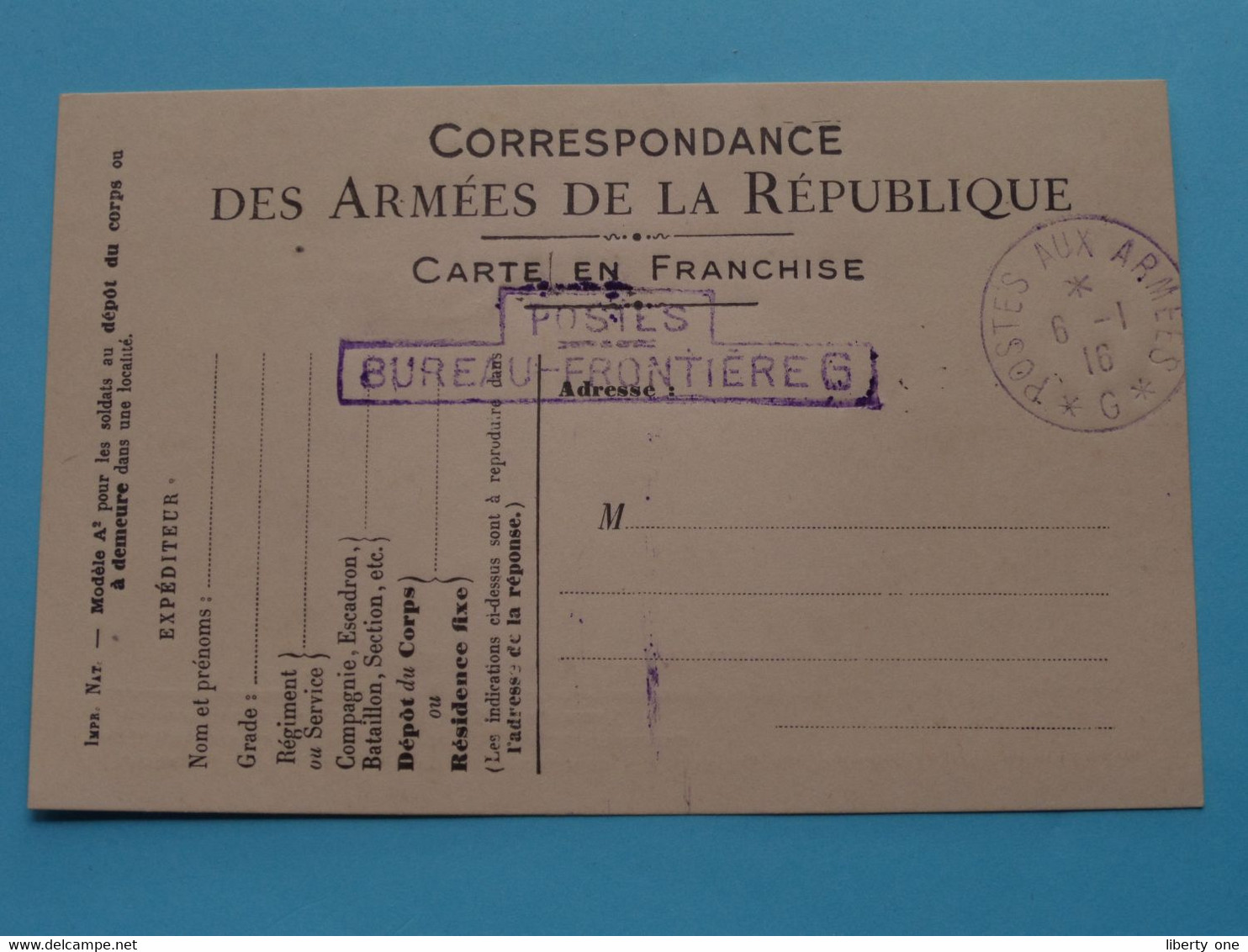 Postes Bureau - Frontière G ( Stamp 6 - 1 16 ) Correspondance Des Armées De La République ( Carte En Franchise )  ! - Documents