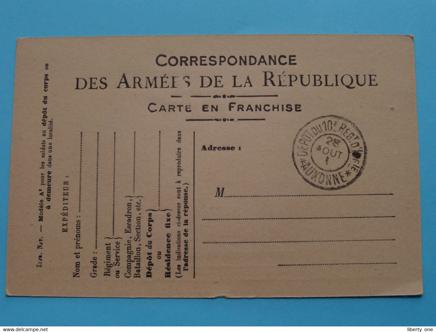 Depot Du 10e Regt ......AUXONNE ( Stamp 28 Aout 1 ) Correspondance Des Armées De La République ( Carte En Franchise )  ! - Dokumente