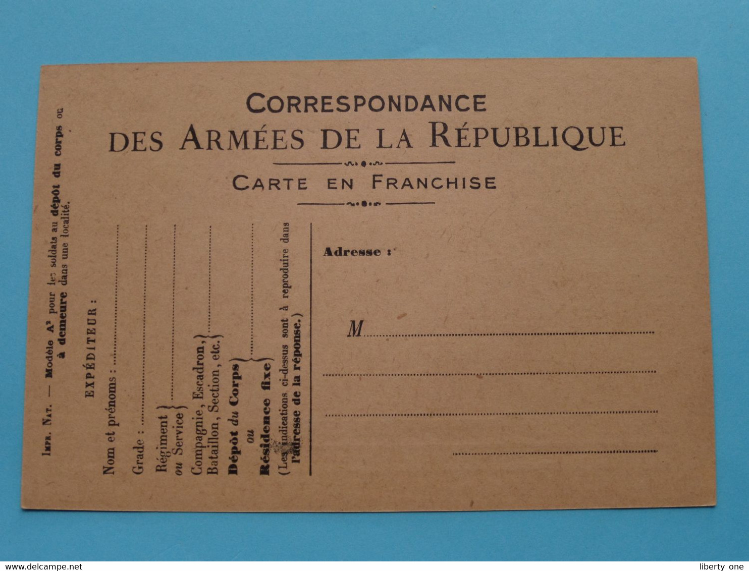 Carte Blanco ...........Correspondance Des Armées De La République ( Carte En Franchise ) Modèle A2 ! - Dokumente