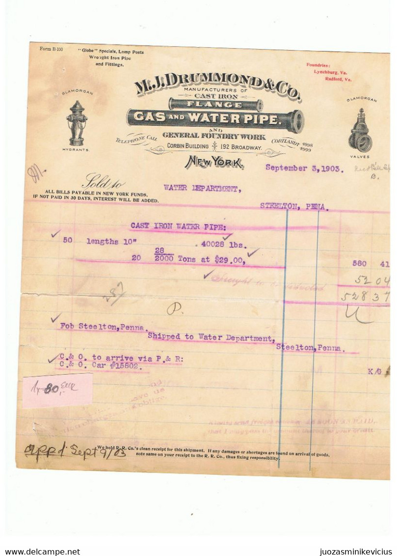 M.j. Drummonds +co  GAS AND WATER  PIPE  BILL - USA