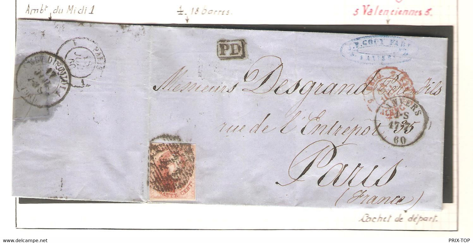 REF3426/ TP 12A S/LAC C.Anvers 1860 + P4 > Ambt Midi 1 + Entrée Belg- Valenciennes 5 > France Paris C.d'arrivée - Postmarks - Lines: Perceptions