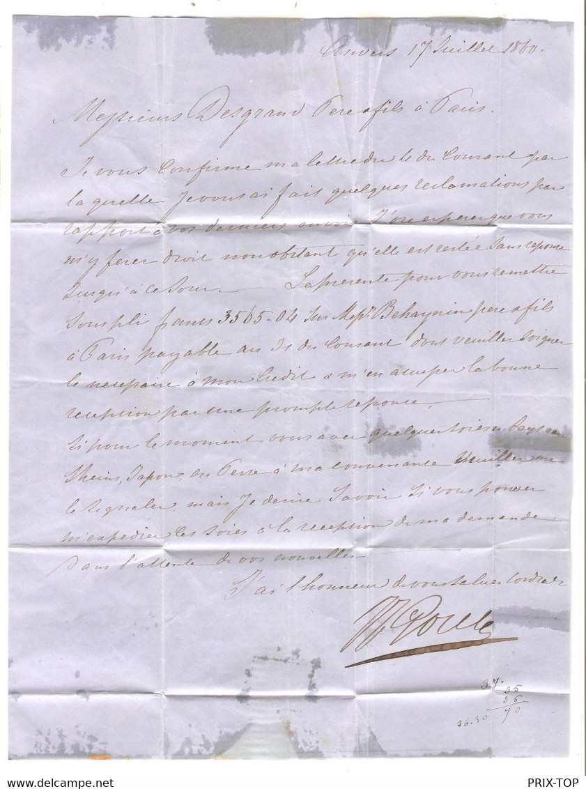 REF3426/ TP 12A S/LAC C.Anvers 1860 + P4 > Ambt Midi 1 + Entrée Belg- Valenciennes 5 > France Paris C.d'arrivée - Oblitérations à Barres: Perceptions