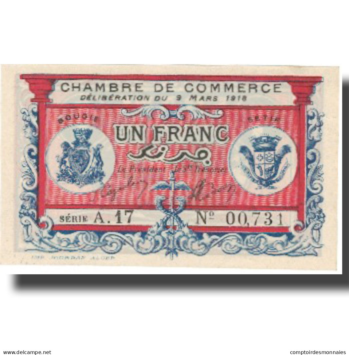 Billet, Algeria, 1 Franc, Chambre De Commerce, 1918, 1918-03-09, SPL - Algérie