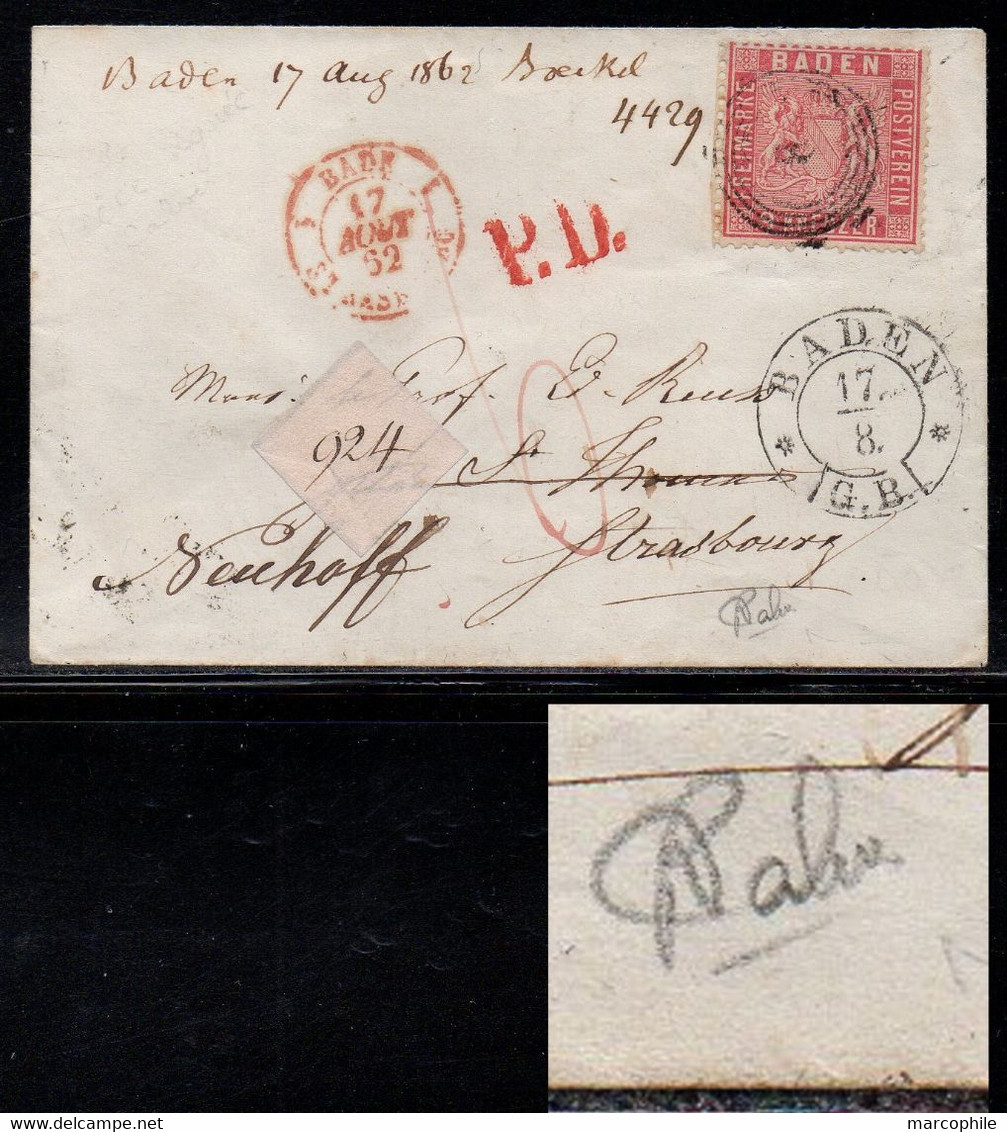 BADEN - BADE /1862 Mi # 12 AUF R-BRIEFUMSCHLAG ==> STRASBOURG / GEPRÜFT CALVES /KW > 600.00 EURO (ref 5960) - Storia Postale