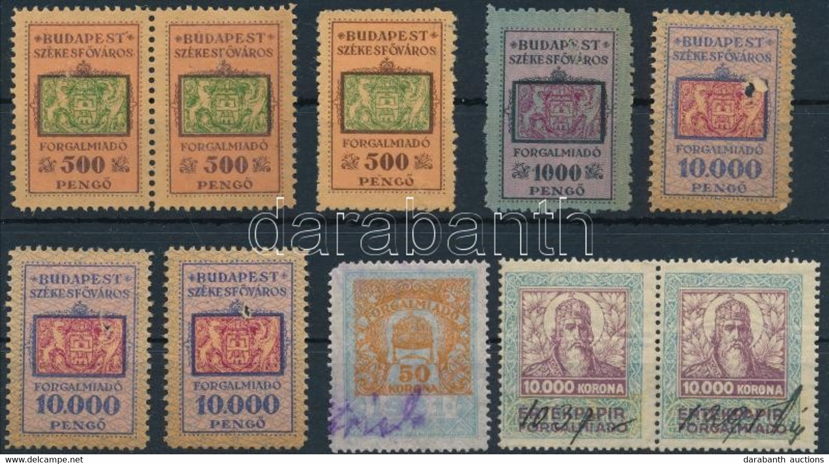 1921-1924 Budapest Székesfőváros Forgalmiadó és 10 000 Kr értékpapír Forgalmi Adó, 10 Db Illetékbélyeg - Non Classificati