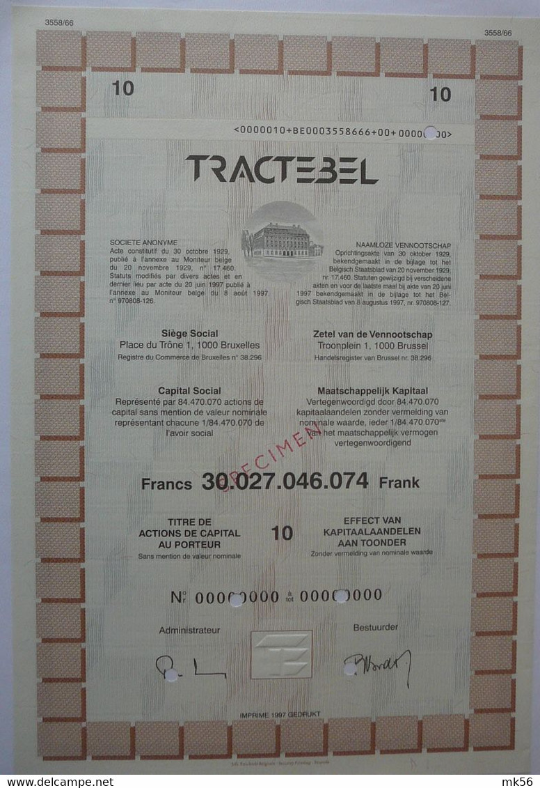 S.A. Tractebel - Kap.aand.- Coup.10 - Specimen - Druk 1997 - Elektriciteit En Gas